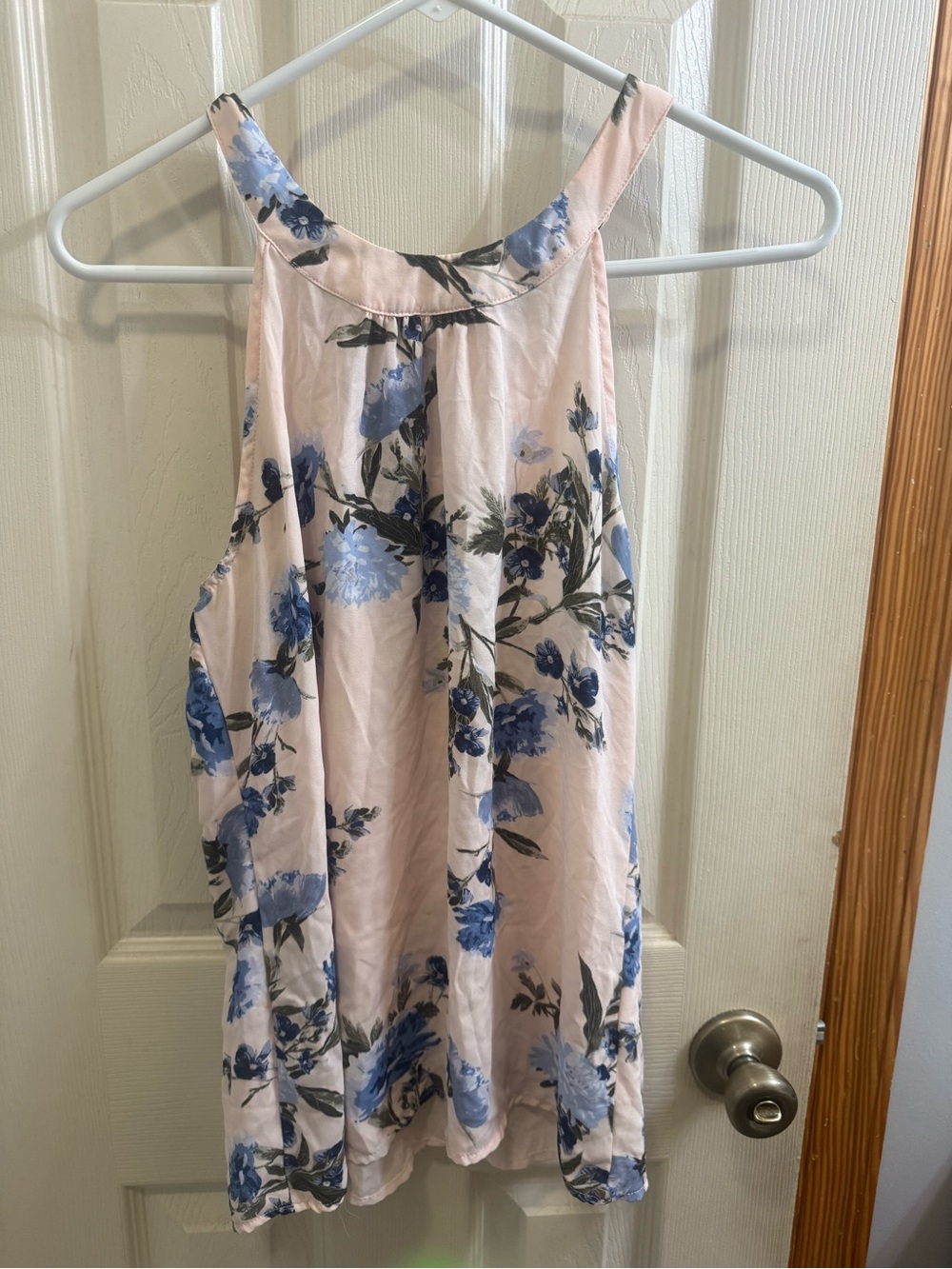 New York & Company Pale Pink Floral Halter Top with Blue Blooms